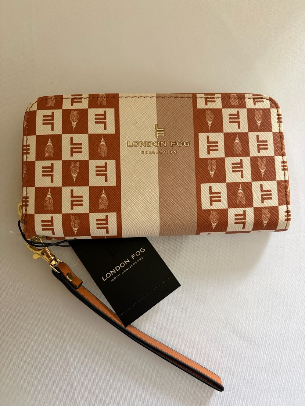 London Fog Signature Stripe Zip Wristlet in Tan and Cream